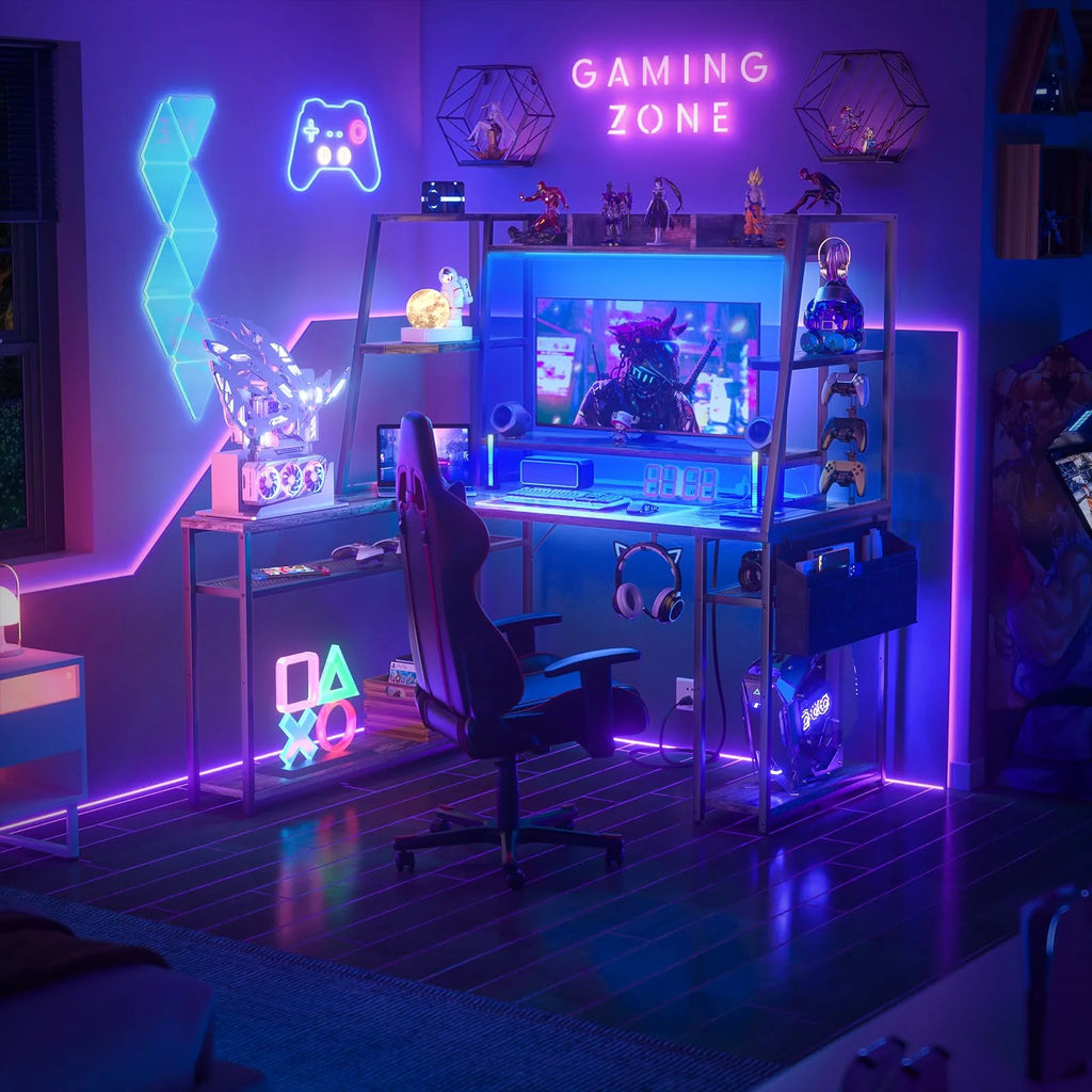 Corner Computer Desk with LED Lights and Power Outlets O803