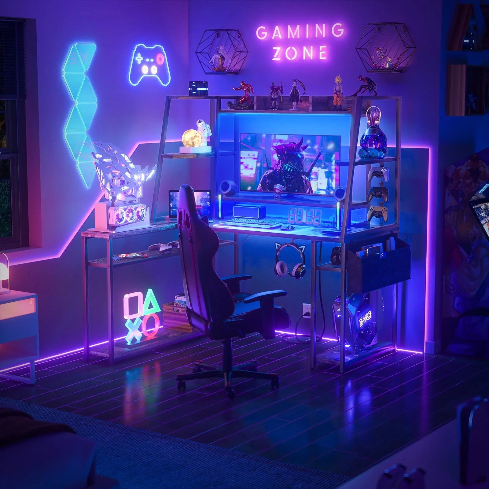 Corner Computer Desk with LED Lights and Power Outlets O803