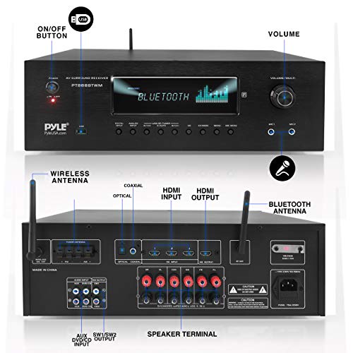 1000W 5.2 Channel Home Theater Receiver with Bluetooth and Wireless Mics D702