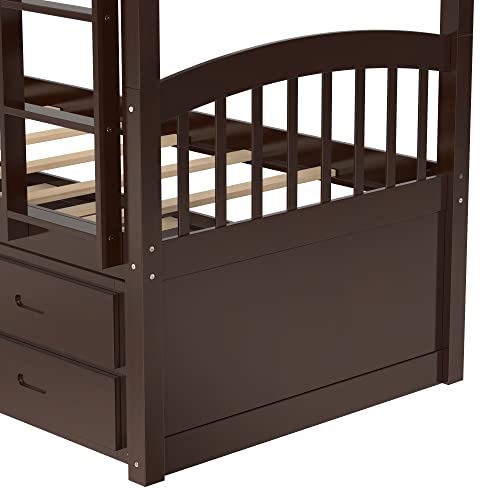Twin Over Twin Bunk Bed with Storage Drawers and Trundle, Solid Wood Frame F2716