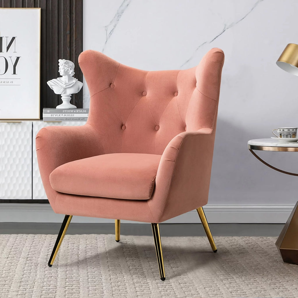 Tufted Velvet Accent Chair with Wingback and Gold Legs T30526