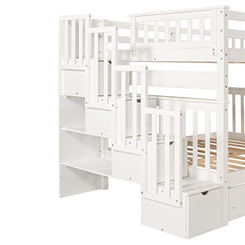 Twin Over Twin/Full Bunk Bed with Trundle and Drawers, Solid Wood Staircase, White C353971
