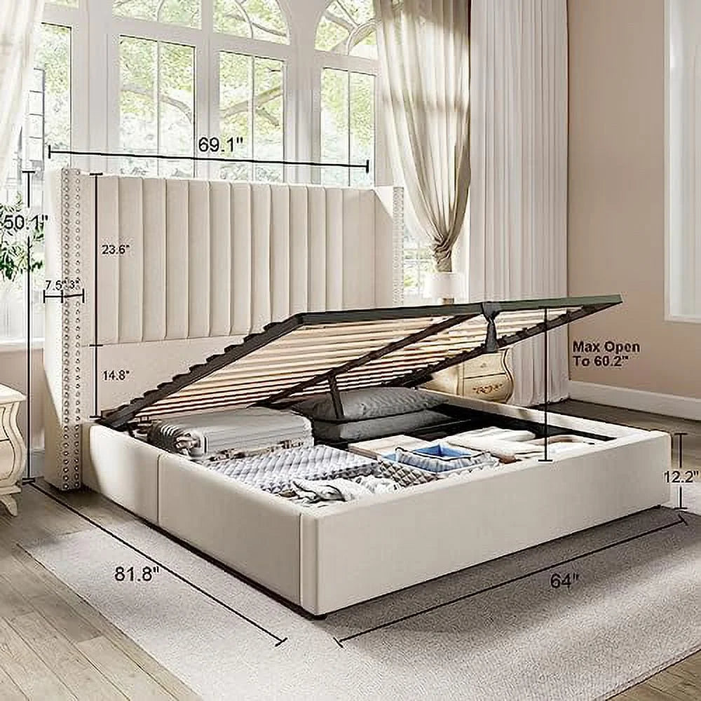 Queen Bed Frame Lift Up Storage Bed, Velvet Upholstered with Wingback Headboard S23471