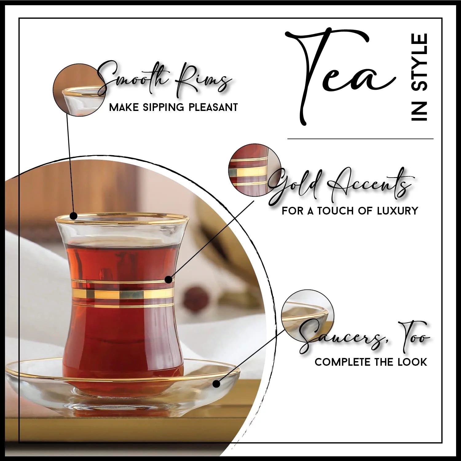 Turkish Tea Glasses & Saucers, Set of 6, 4 Oz, Gold Accented L19030
