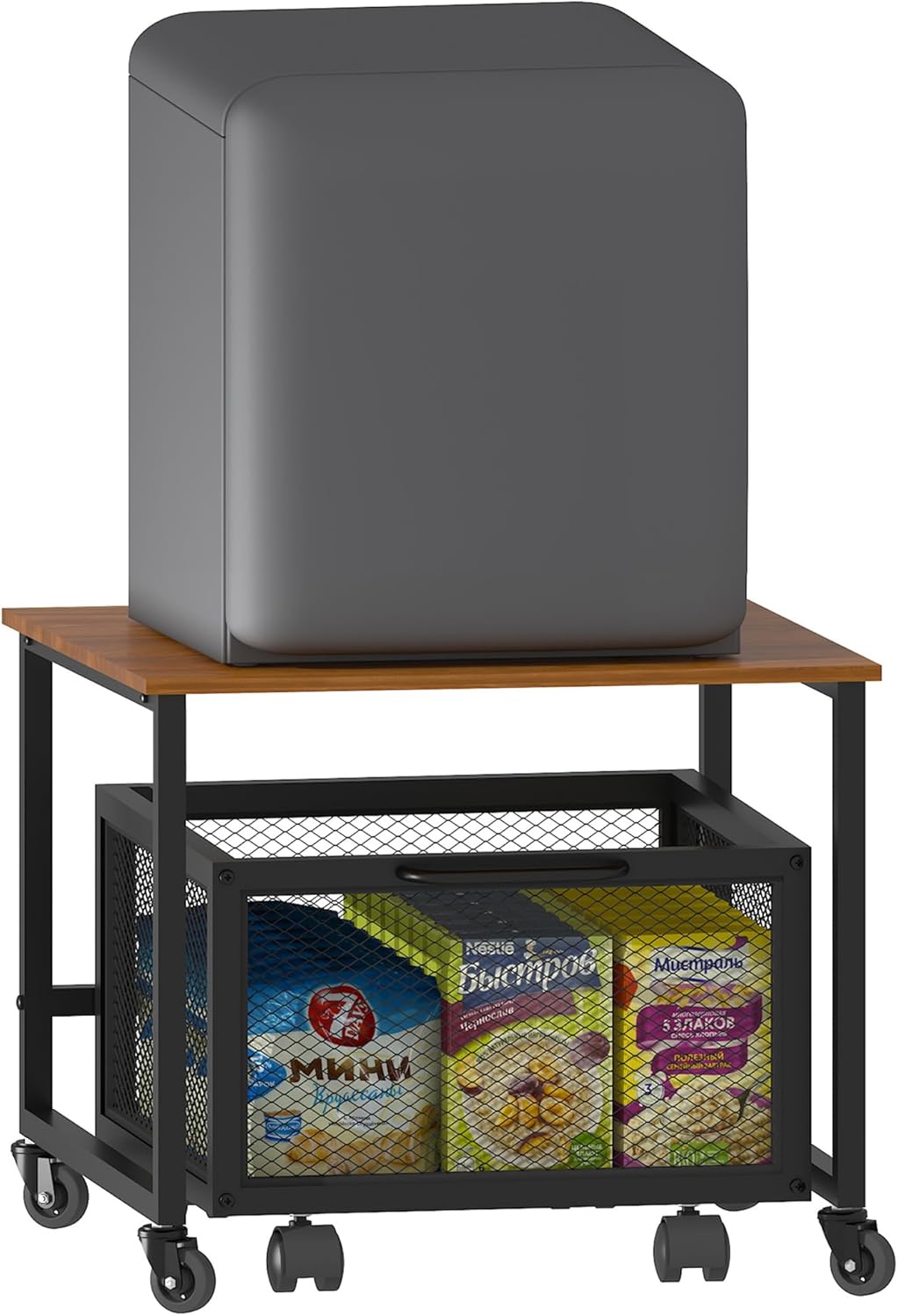 Mini Fridge Stand with Rolling Cart, Lockable Wheels and Metal Basket Drawers S30483