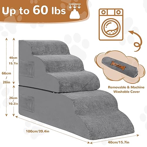 Dog Stairs for High Beds, 5-Step Foam Ramp for Small Dogs, Non-Slip, Removable Cover, Grey Z8494