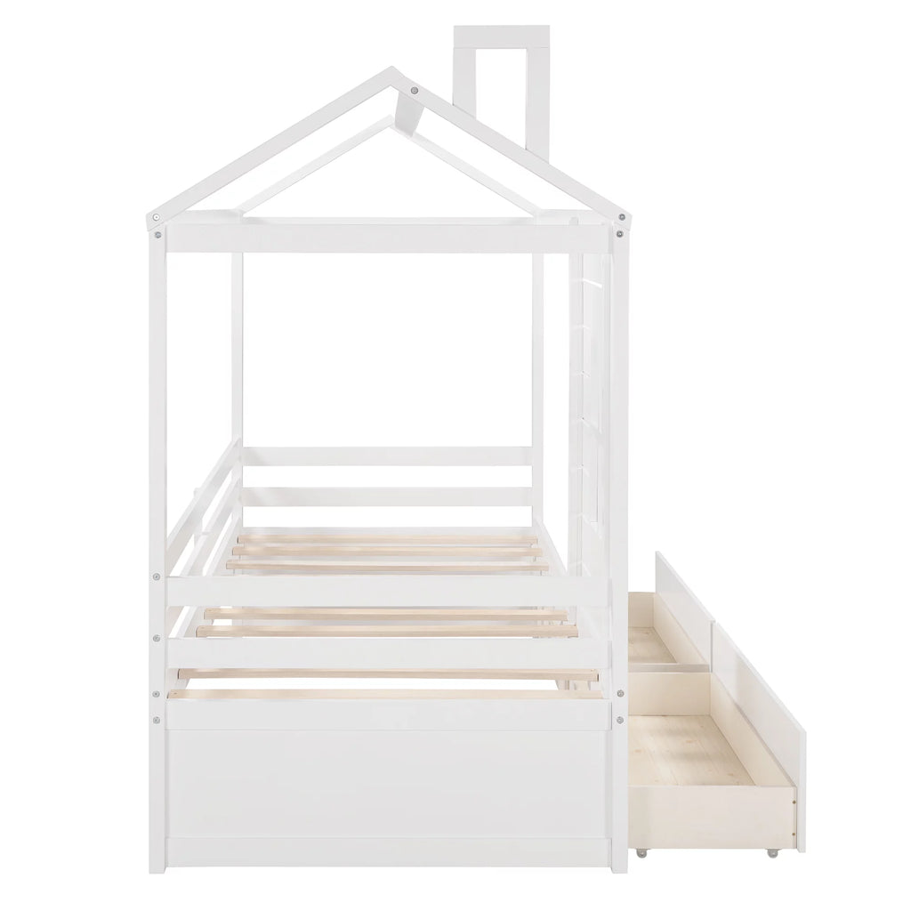 Twin Size House Bed with Drawers and Guard Rails Q40260
