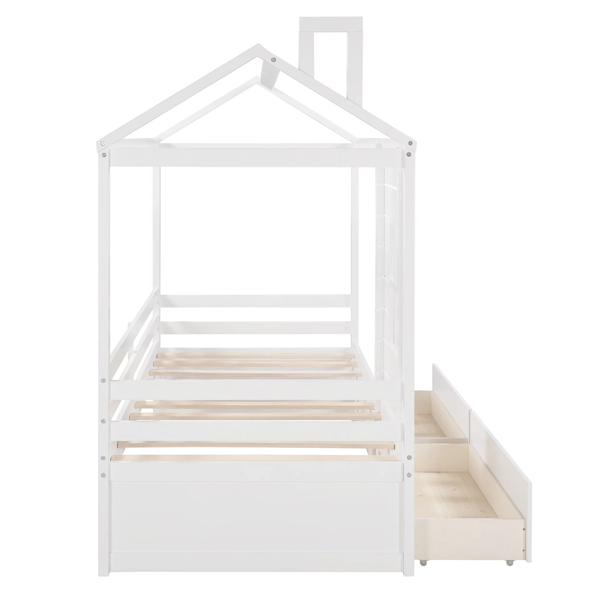 Twin Size House Bed with Drawers and Guard Rails Q40260