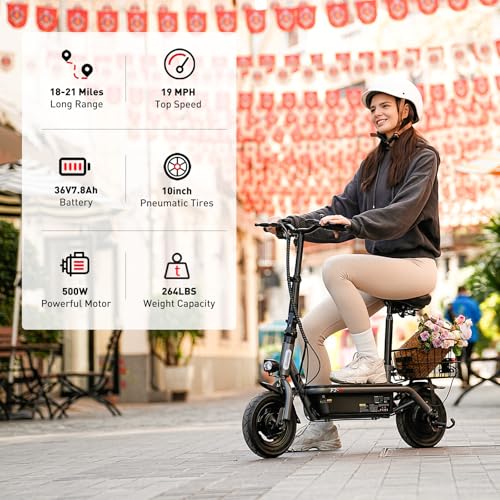 Electric Scooter with Seat, Long Range, Adjustable Handlebar, Dual Suspension J439