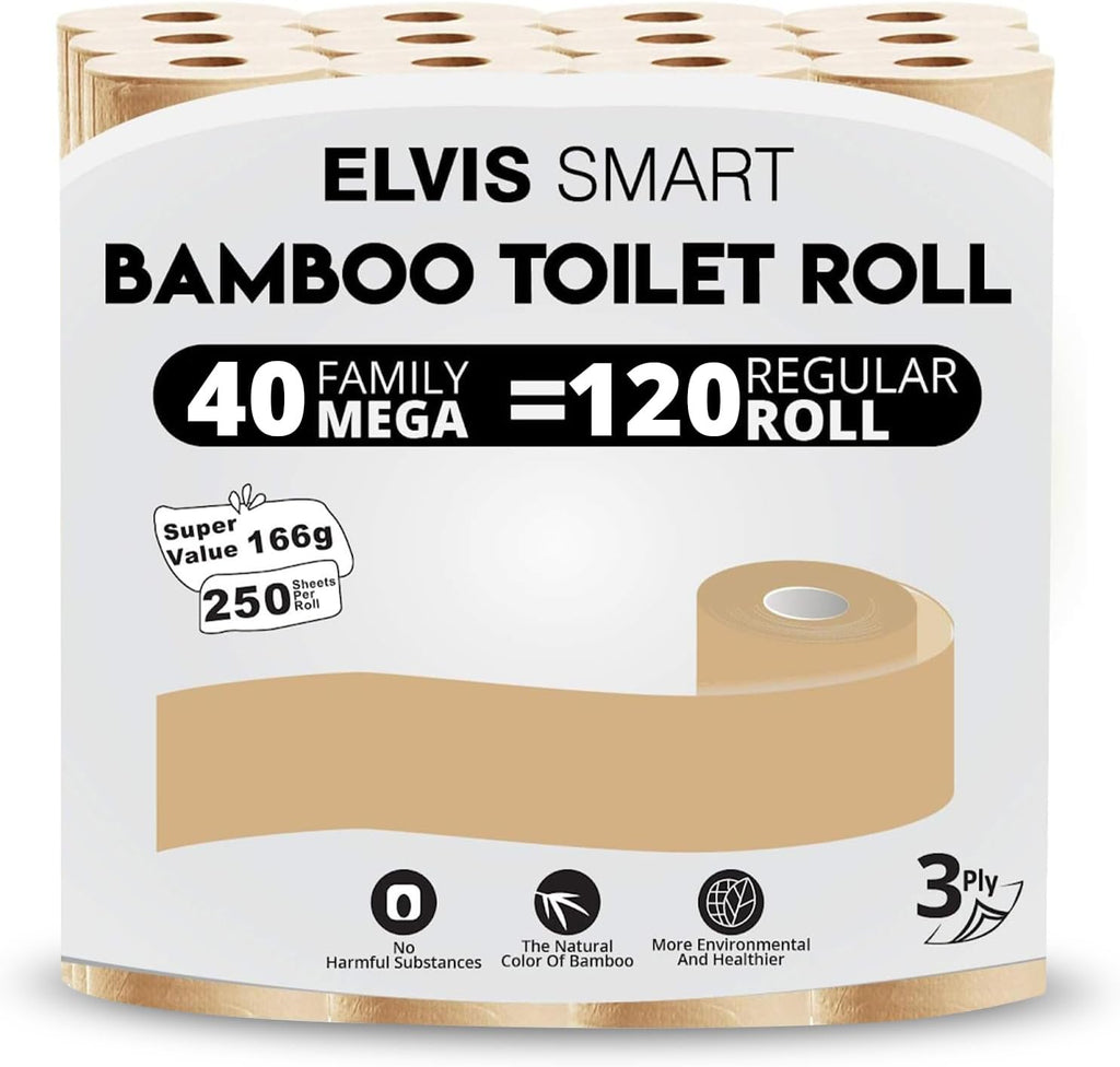 Bamboo Toilet Paper, 40 Mega Rolls=120 Regular Rolls, Bath Tissue, 40 Rolls (Total 10000 Sheet Count)