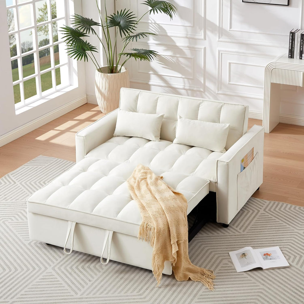 Convertible Loveseat Sleeper Sofa with Adjustable Backrest and Pull-Out Bed, Ivory W3374