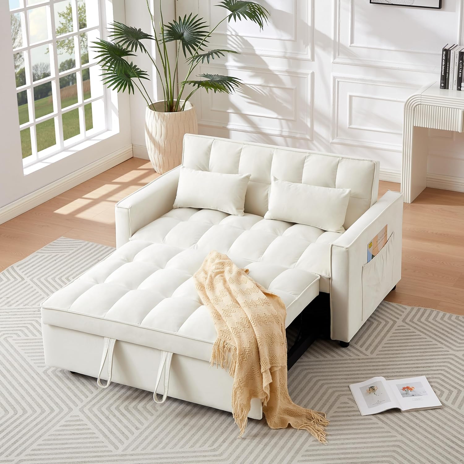Convertible Loveseat Sleeper Sofa with Adjustable Backrest and Pull-Out Bed, Ivory W3374
