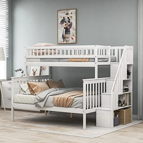 Twin Over Twin/Full Bunk Bed with Trundle and Drawers, Solid Wood Staircase, White C353971