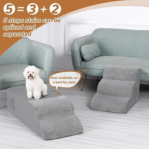 Dog Stairs for High Beds, 5-Step Foam Ramp for Small Dogs, Non-Slip, Removable Cover, Grey Z8494