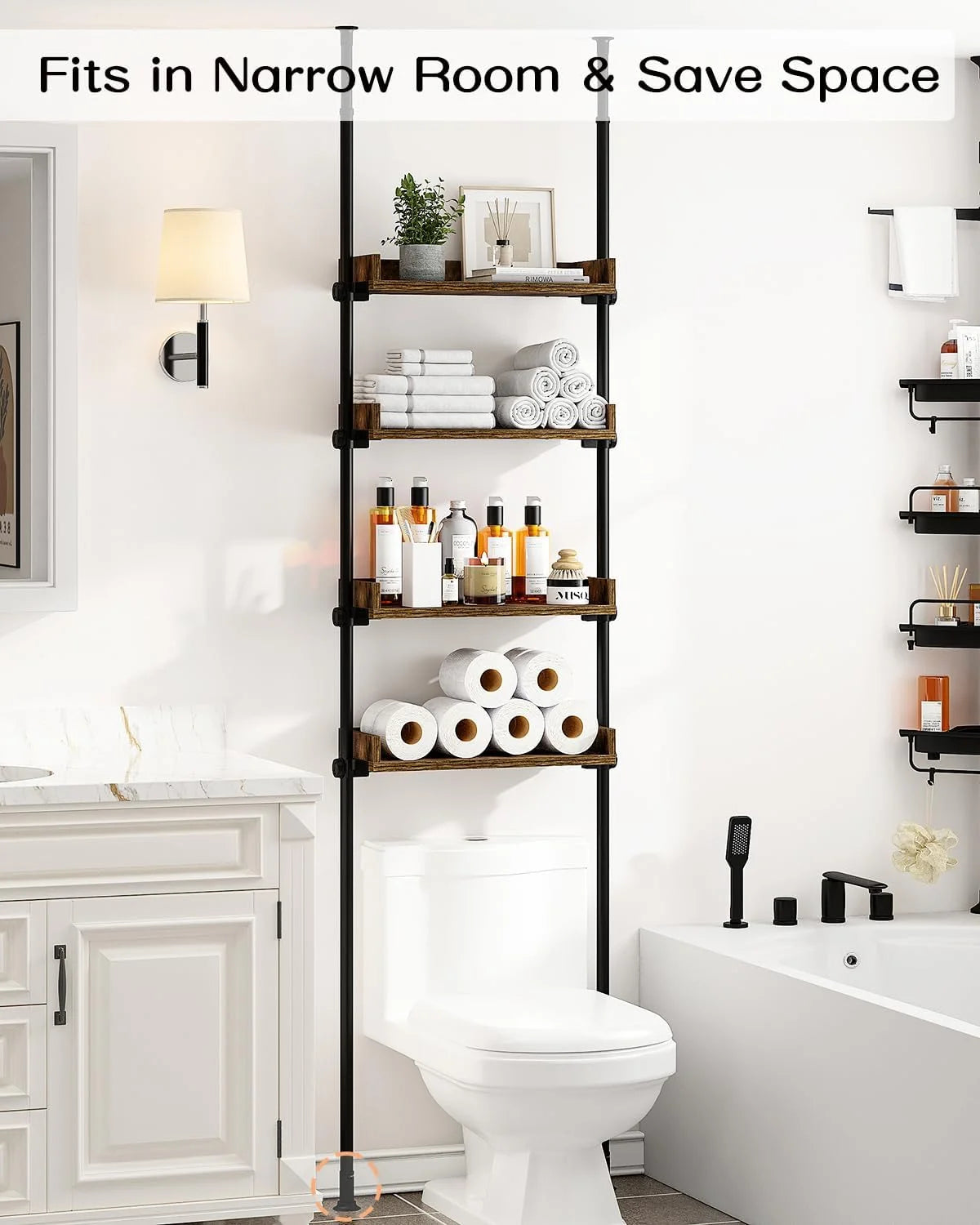 Over-the-Toilet Storage, 4-Tier Adjustable Wood Shelves, Rustic Brown U368492