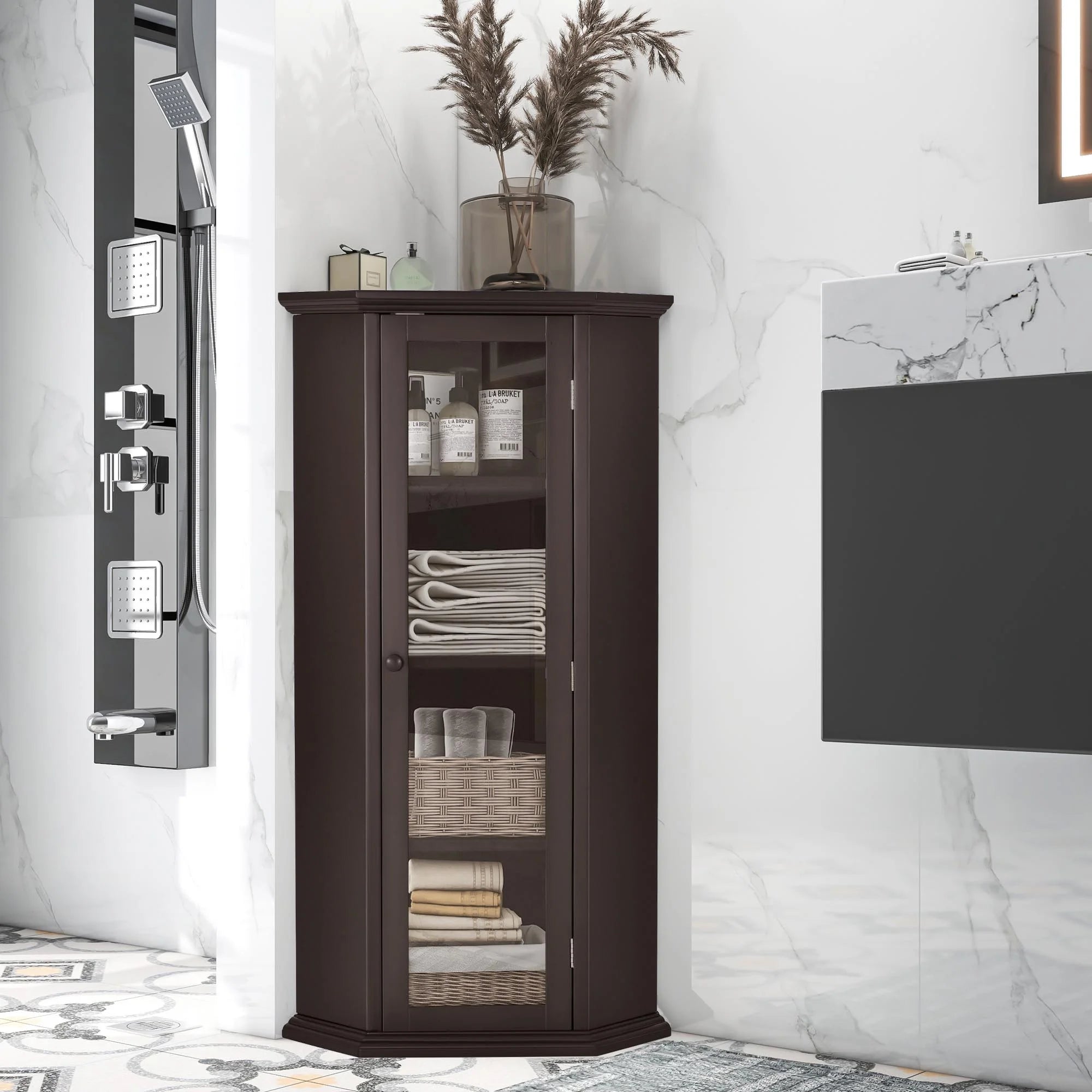 Corner Bathroom Cabinet with Glass Door, MDF Painted Finish Q939