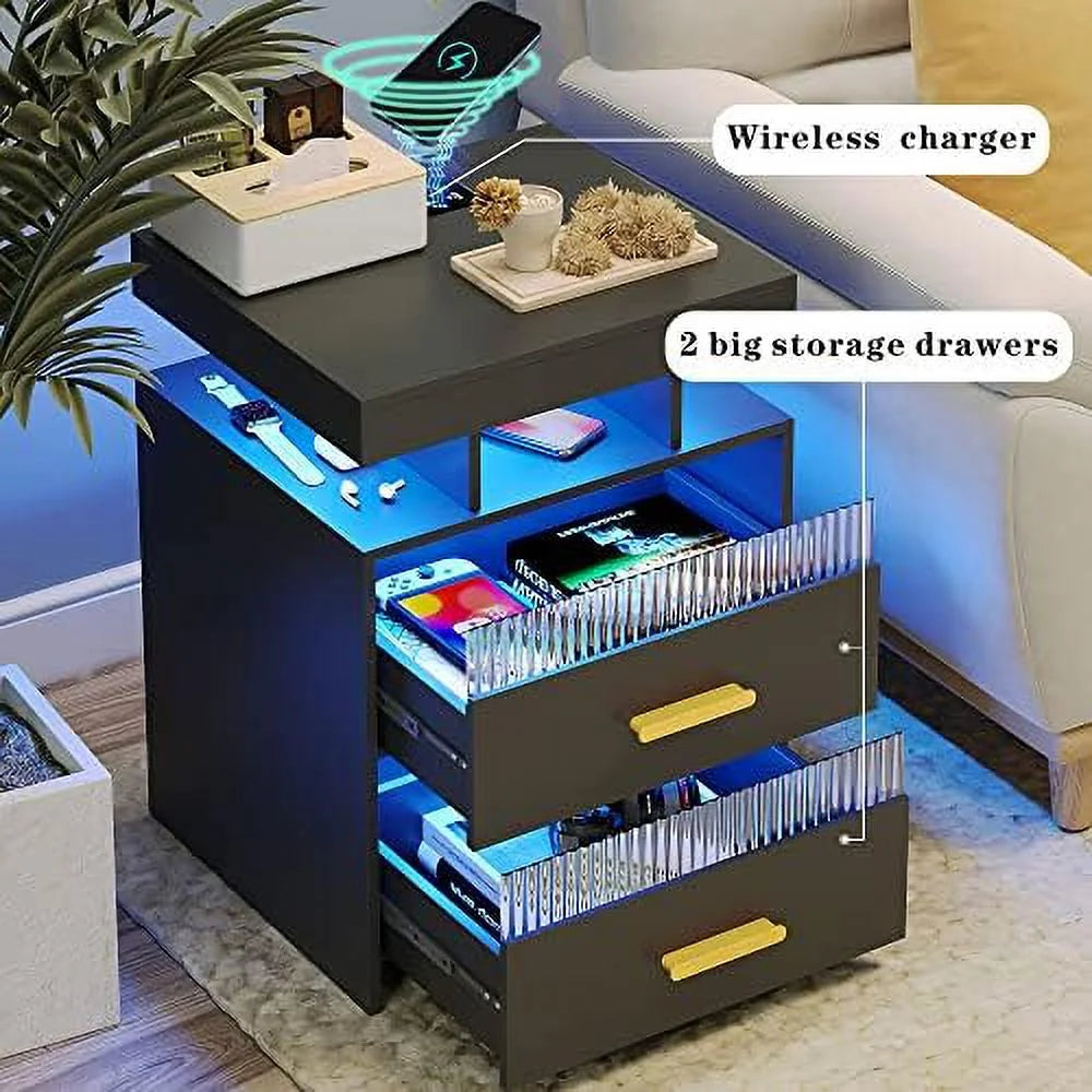 Nightstands Set of 2 with Charging Station and LED Lights W775045