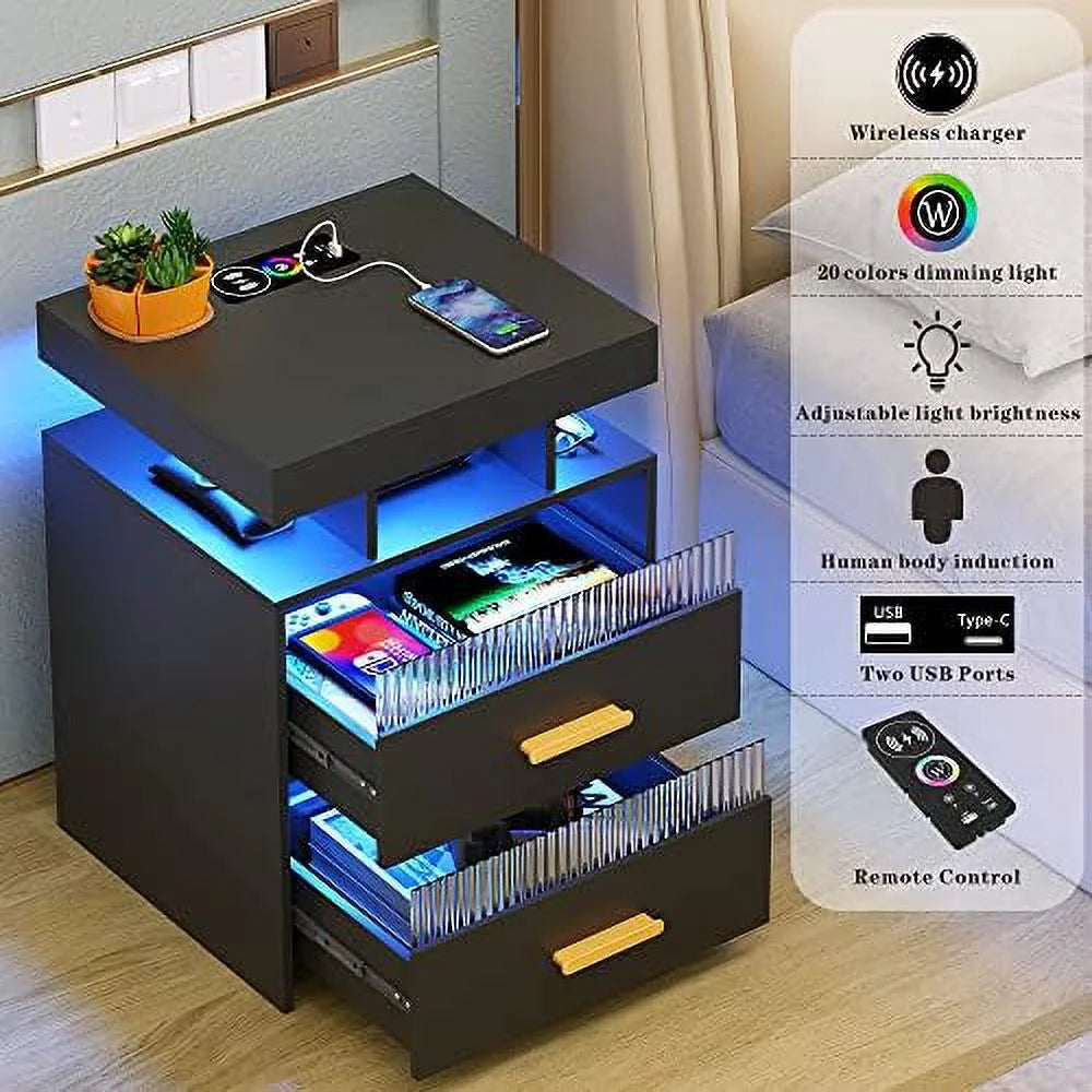 Nightstands Set of 2 with Charging Station and LED Lights W775045