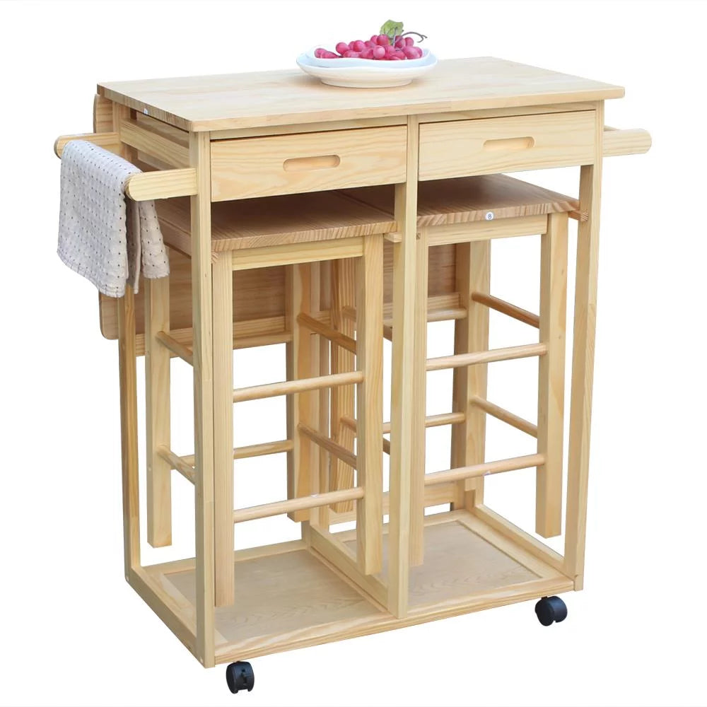 Kitchen Island Rolling Trolley Cart with Stools I1439