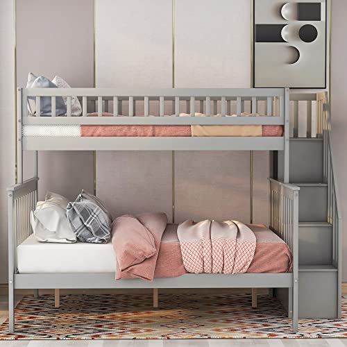 Twin Over Twin/Full Bunk Bed with Trundle and Drawers, Solid Wood Staircase, White C353971