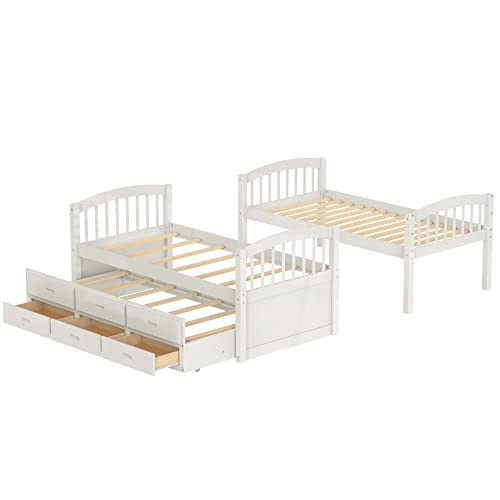 Twin Over Twin Bunk Bed with Storage Drawers and Trundle, Solid Wood Frame F2716