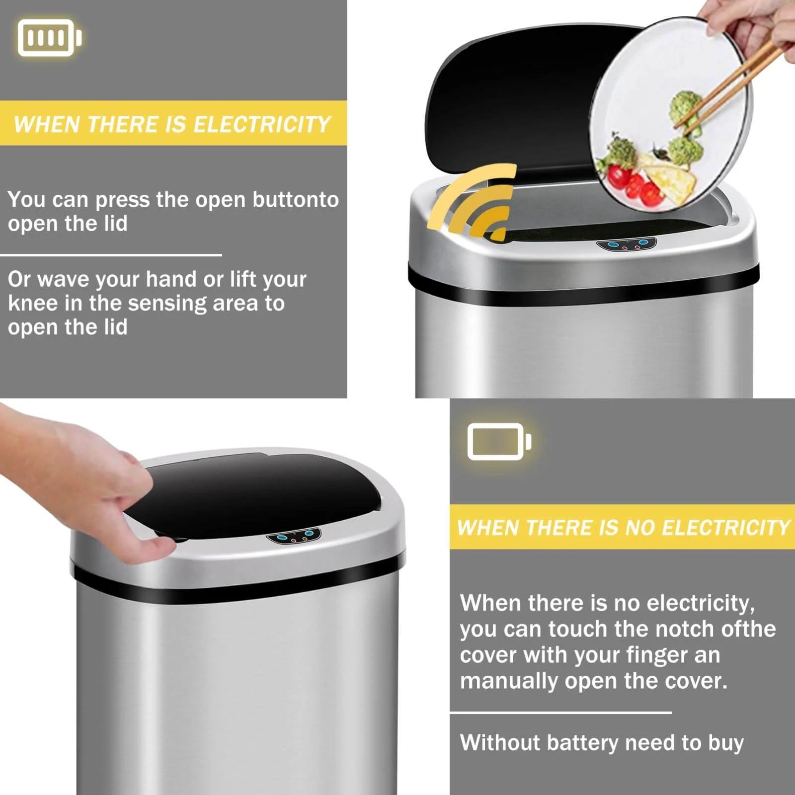 Kitchen Trash Can with Lid, 13 Gallon Automatic Stainless Steel Garbage Can with Motion Sensor, Silver O912