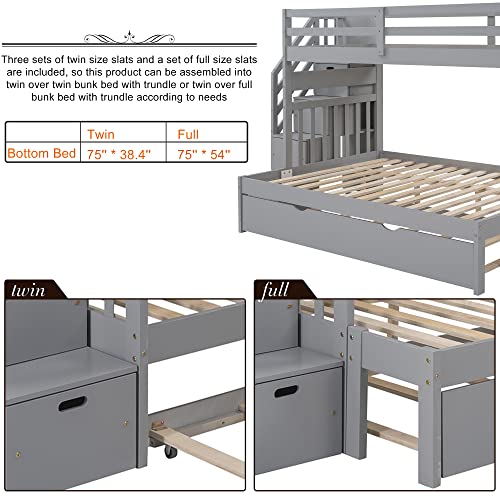 Twin Over Twin/Full Bunk Bed with Trundle and Drawers, Solid Wood Staircase, White C353971