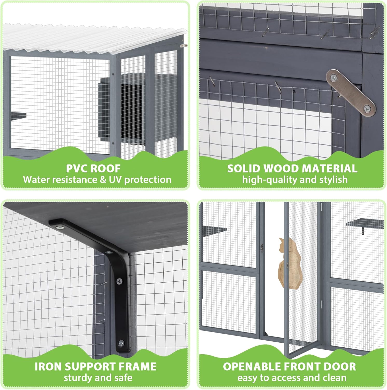Outdoor Cat Enclosure with Window Access, Wooden Catio with Weather Protection Roof Q639