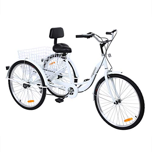 Iglobalbuy 6-Speed / 7-Speed Adult Tricycle, 24 Inch / 26 Inch Adult Trike 3-Wheel Bike Cruiser Bicycle with Shopping Basket