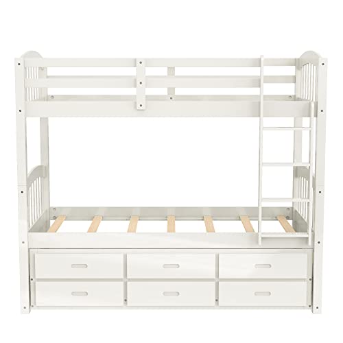 Twin Over Twin Bunk Bed with Storage Drawers and Trundle, Solid Wood Frame F2716
