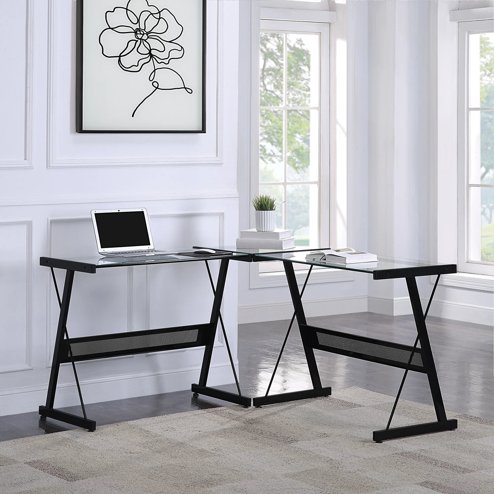 L-Shape Glass & Metal Desk E144