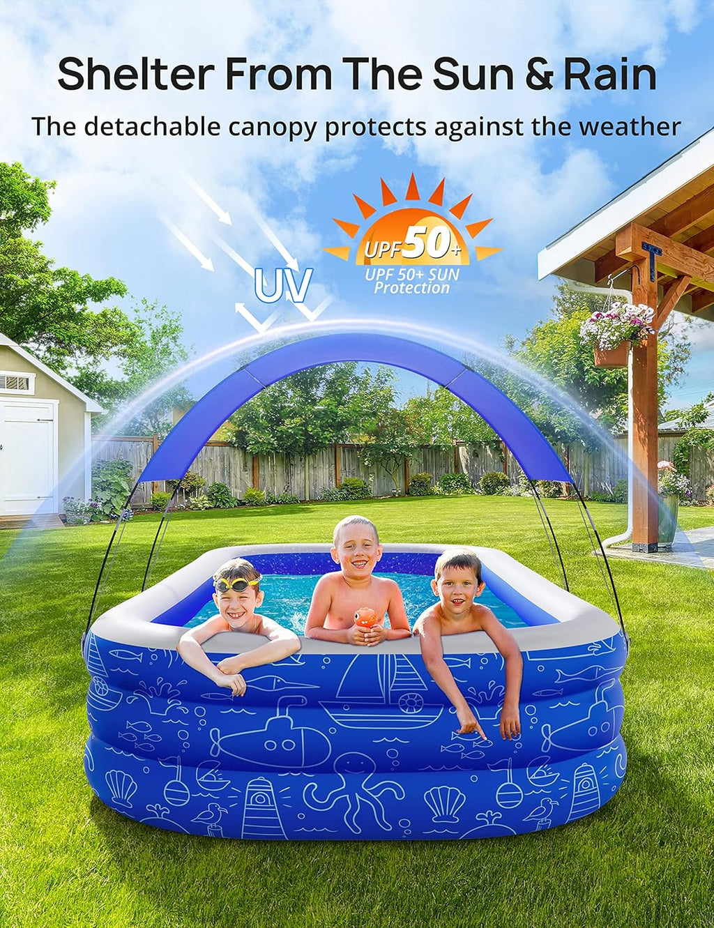 Inflatable Pool with Canopy for Kids and Adults, Outdoor Backyard Swimming Pool M603