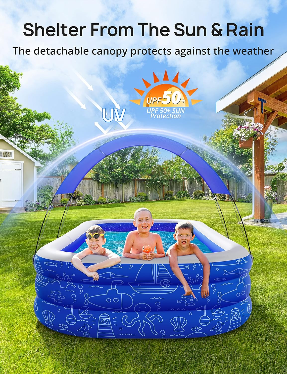 Inflatable Pool with Canopy for Kids and Adults, Outdoor Backyard Swimming Pool M603