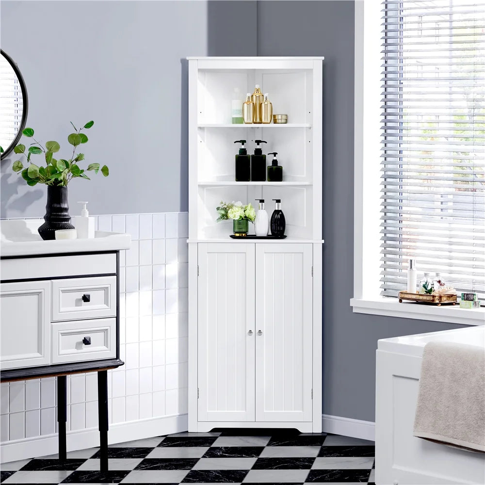 White Wooden Corner Cabinet with Open Shelf for Bathroom M97185