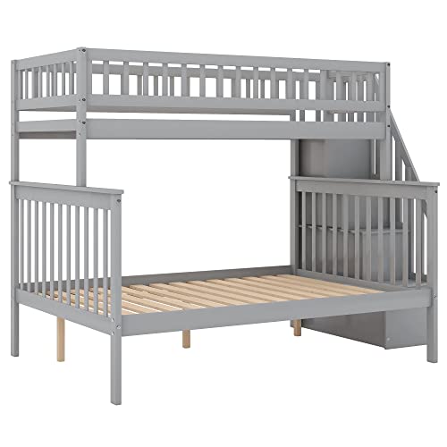 Twin Over Twin/Full Bunk Bed with Trundle and Drawers, Solid Wood Staircase, White C353971