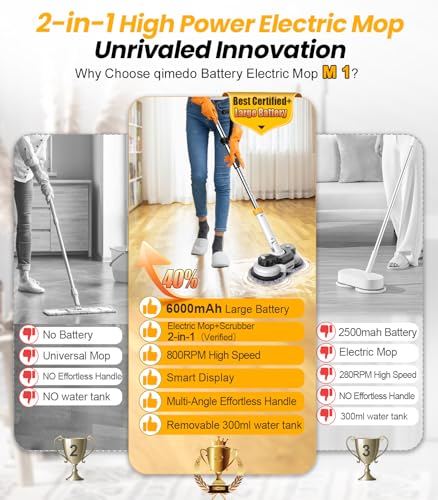 Cordless Electric Mop with 6000mAh Battery, Spin Scrubber for Floor Cleaning U360