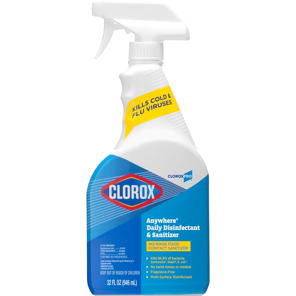 CloroxPro Anywhere Daily Disinfectant and Sanitizer, No-Rinse Food Contact Sanitizer, Kills Cold and Flu Viruses, 32 Fluid Ounces