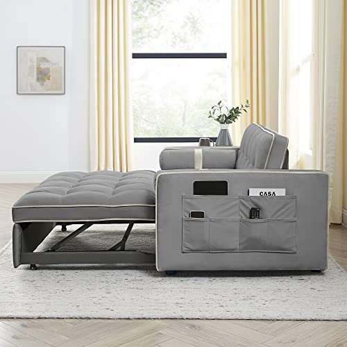 Tufted Velvet Convertible Loveseat Sofa Bed with Pull-Out Bed, Grey G7541