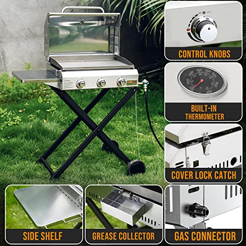 Portable Propane Gas Griddle 3-Burner with Foldable Cart and Side Table, Flat Top Grill Stove with Lid N3550
