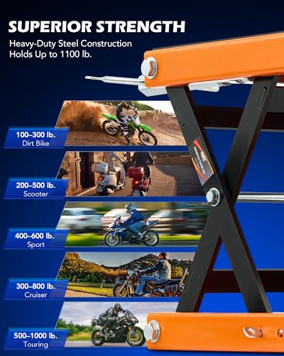 Motorcycle Scissor Lift Jack, 1100 lb Capacity, Wide Deck with T Handle, for ATV Dirt Bike Cruiser V607