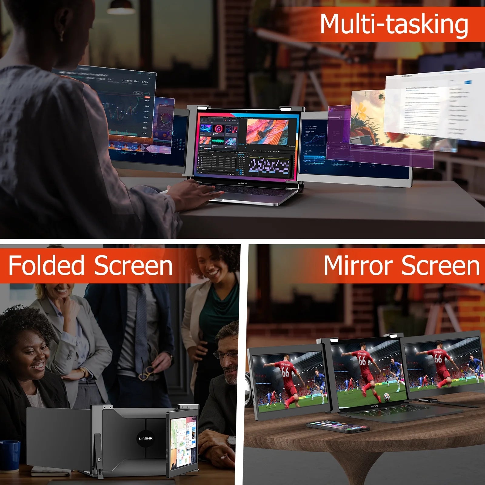 Portable Triple Monitor for 15-17 Inch Laptop, 1080P IPS USB HDMI Plug and Play W306780