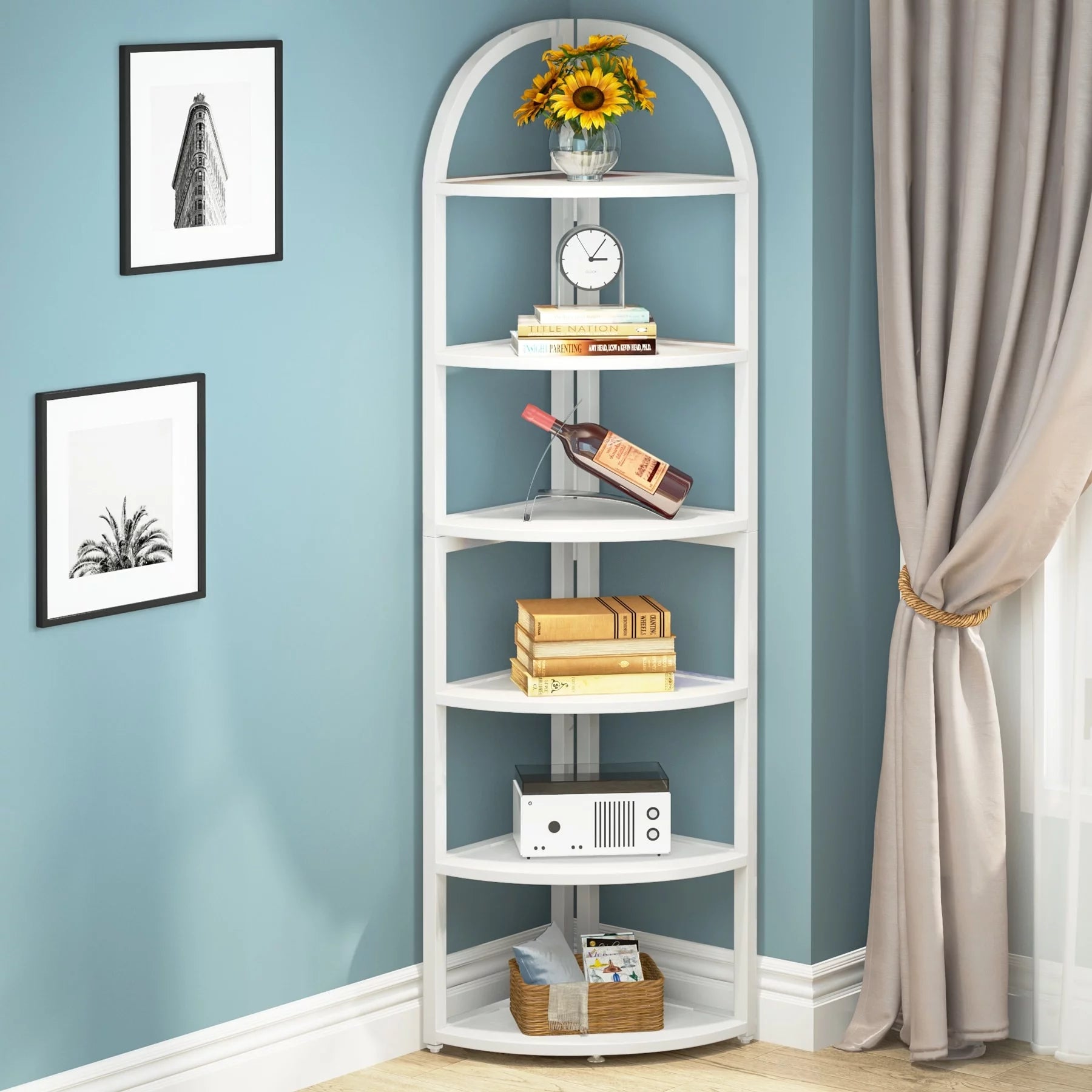 Corner Shelf, 6-Tier Rustic Brown Wood Bookcase O449