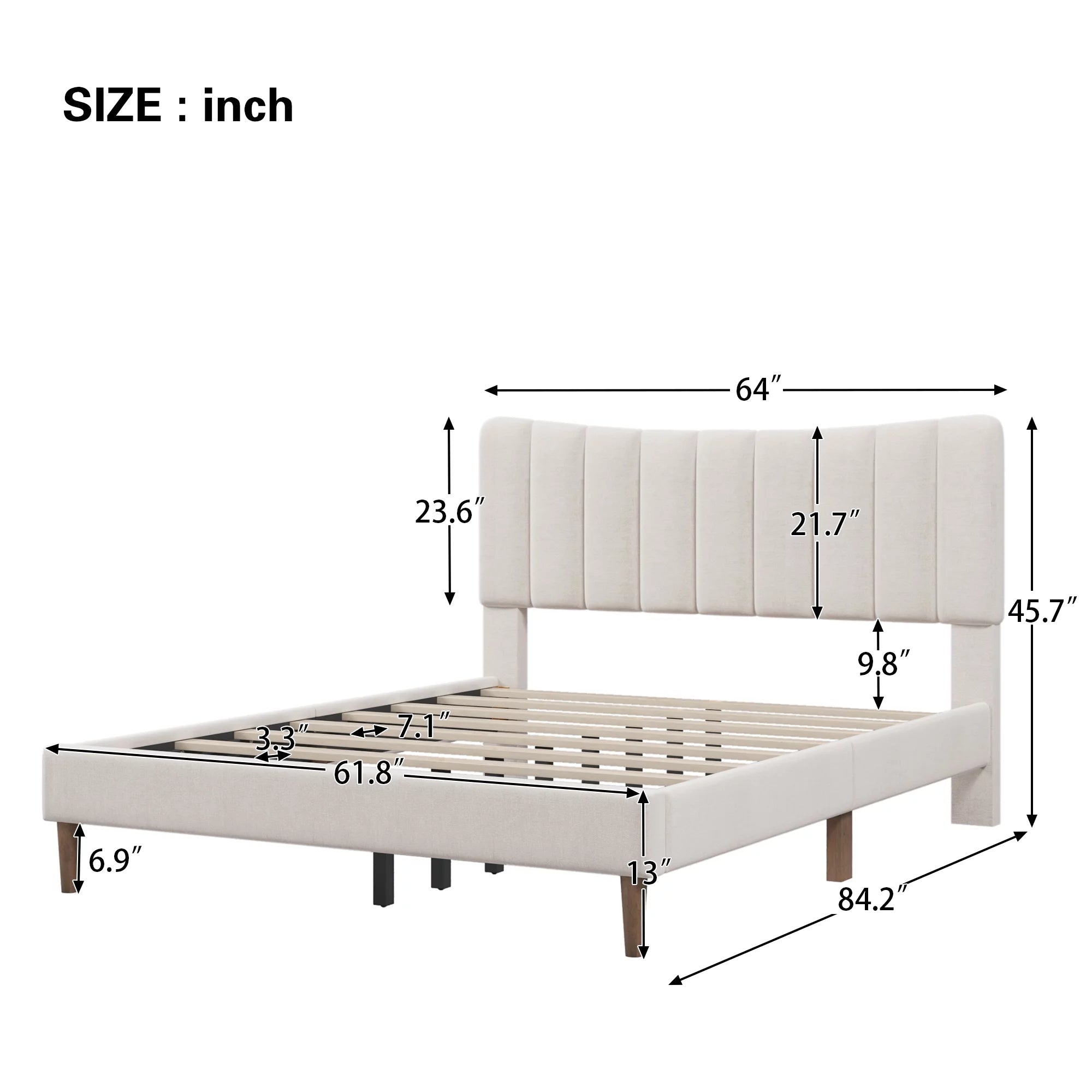 Upholstered Queen Platform Bed with Tufted Headboard and Wood Legs A896