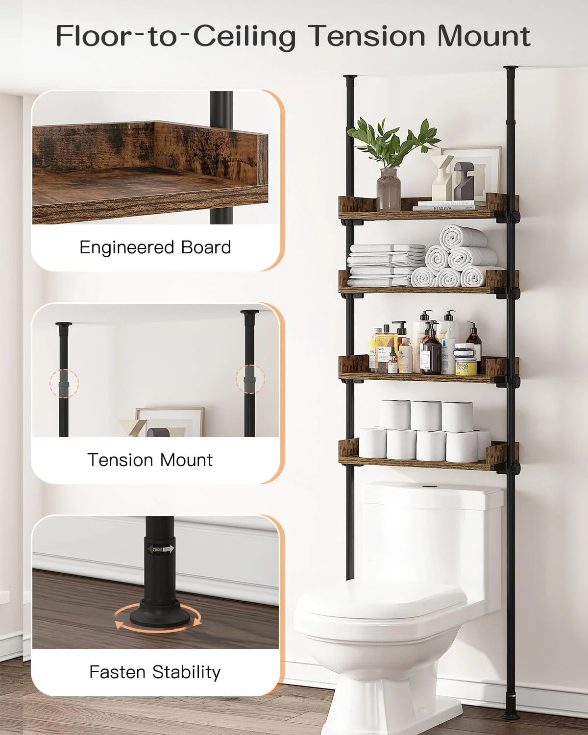 Over-the-Toilet Storage, 4-Tier Adjustable Wood Shelves, Rustic Brown U368492