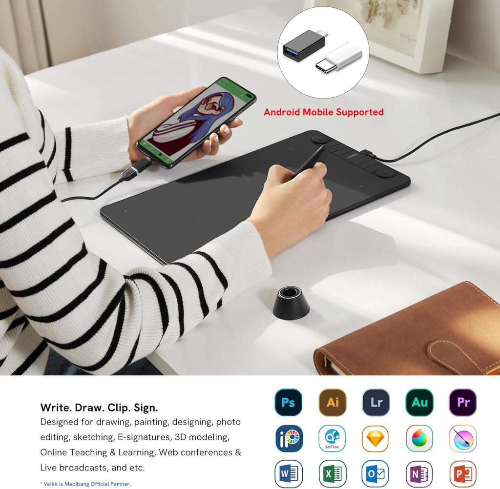 10 x 6 Inch Graphics Drawing Tablet with 8 Shortcut Keys, 8192 Levels Tilt Support P8103