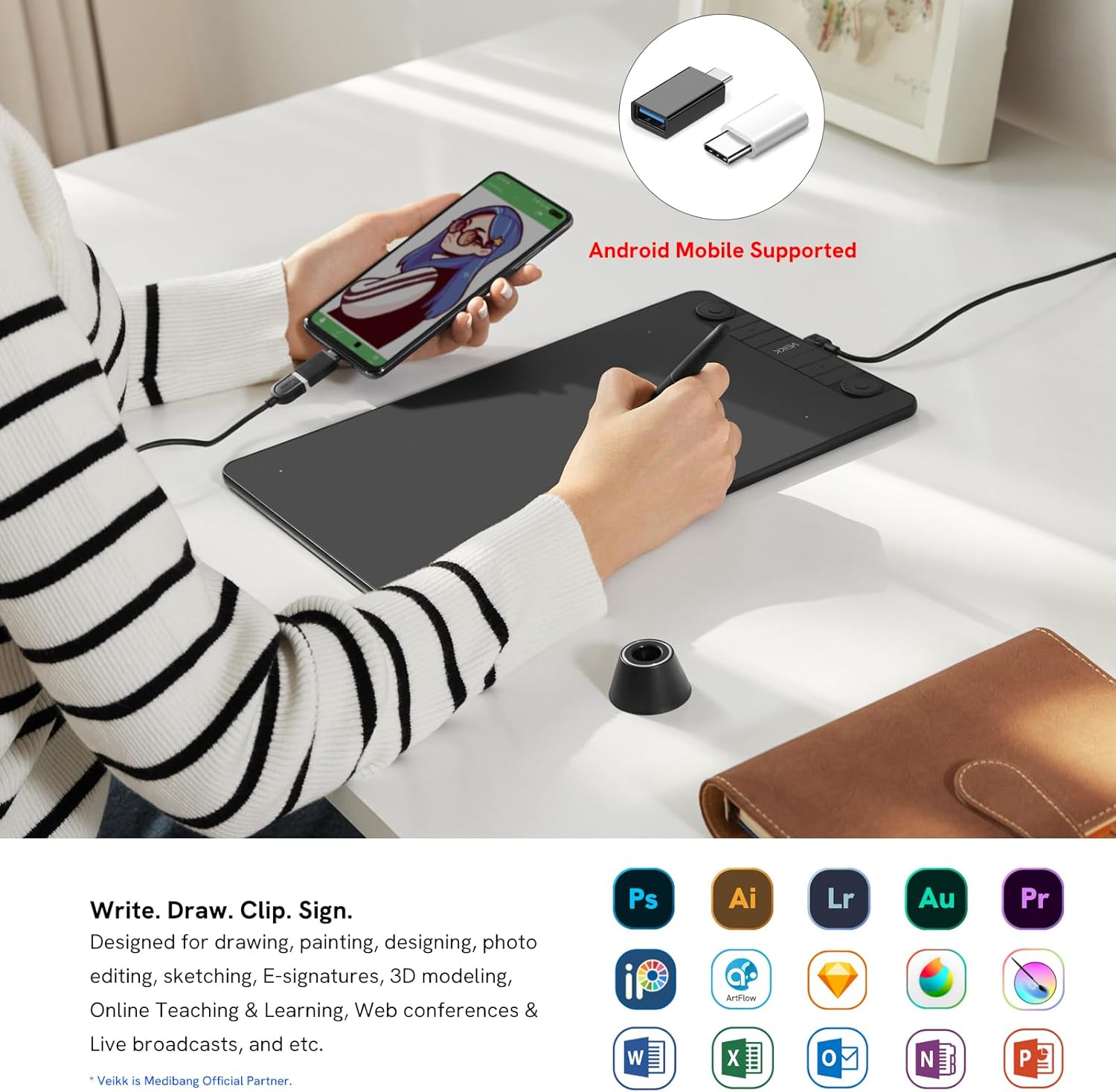 10 x 6 Inch Graphics Drawing Tablet with 8 Shortcut Keys, 8192 Levels Tilt Support P8103