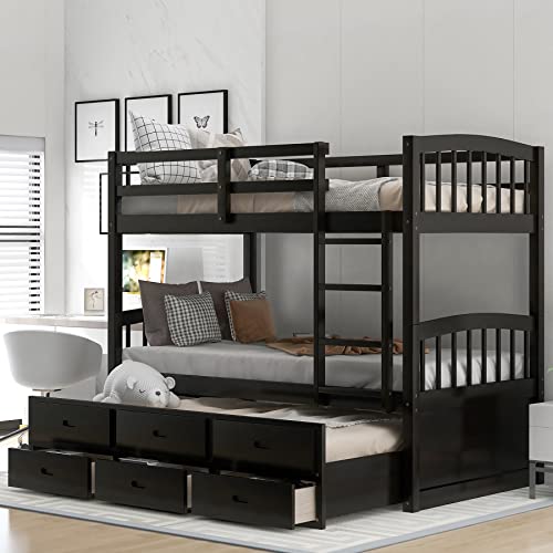 Twin Over Twin Bunk Bed with Storage Drawers and Trundle, Solid Wood Frame F2716