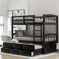 Twin Over Twin Bunk Bed with Storage Drawers and Trundle, Solid Wood Frame F2716