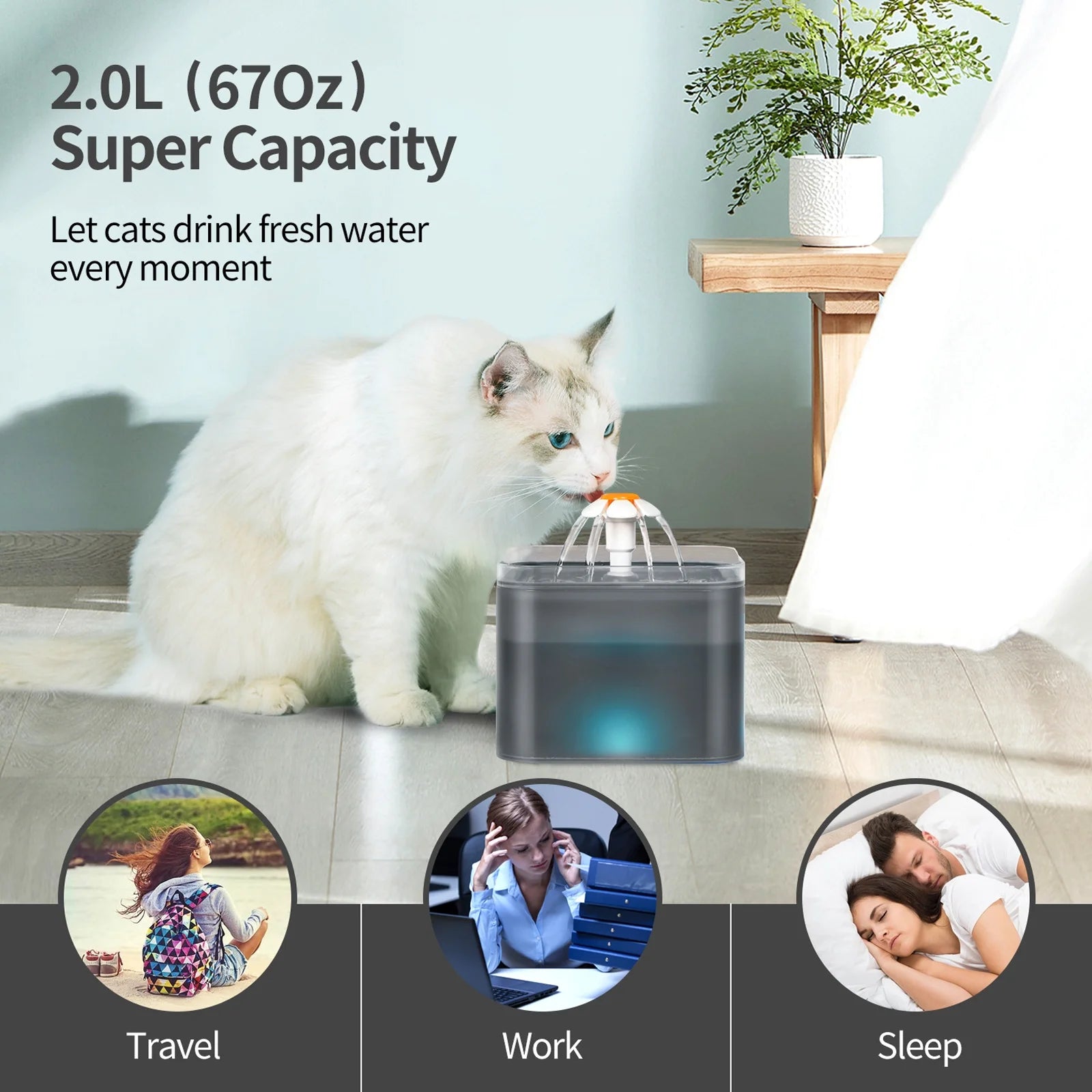 Cat Water Fountain, 2L Automatic Pet Drinking Dispenser with Filters, Quiet Pump, Black D405