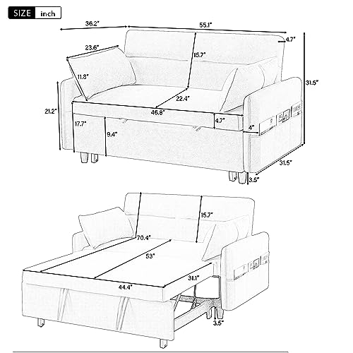 3 in 1 Convertible Sleeper Sofa Bed, Velvet Loveseat Futon with Pullout Bed, Gray Y9093
